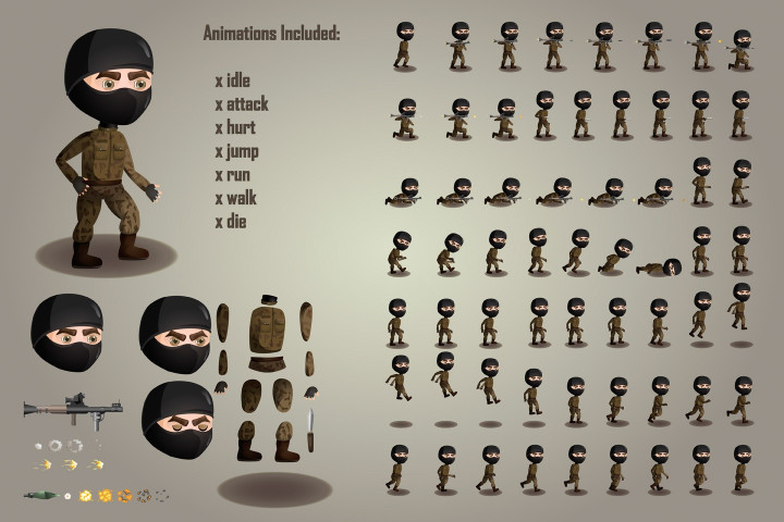 2D Game Terrorists Character Free Sprites Sheets 