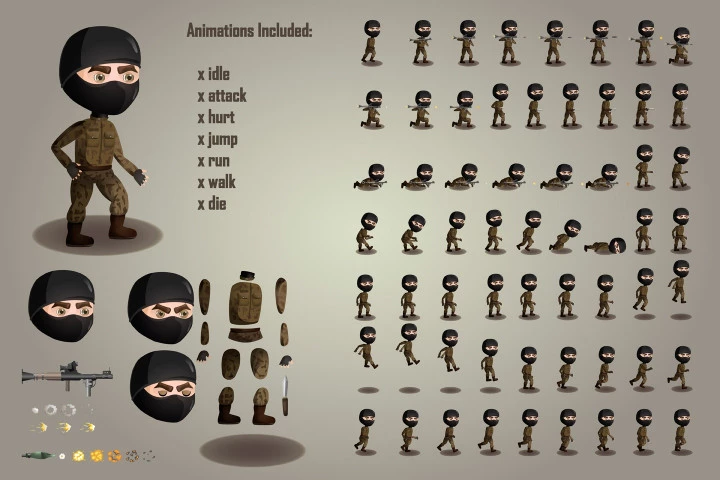 2D Game Terrorists Character Free Sprites Sheets
