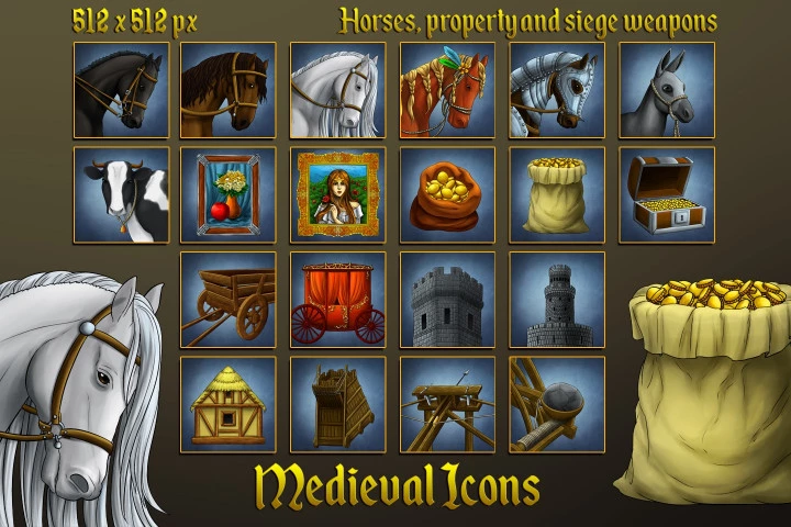 Medieval-Icons-Horses-property-and-siege-weapons