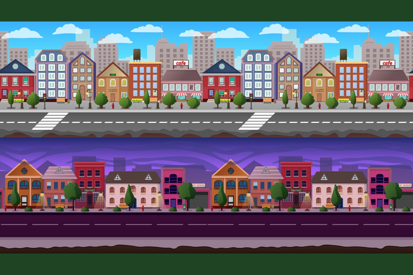 Cảnh nền trò chơi thành phố Parallax Scrolling trên CraftPix.net sẽ khiến người xem phải ngạc nhiên với hiệu ứng chuyển động đầy sống động. Mọi chi tiết của thành phố được tạo ra một cách tinh sảo và bắt mắt.