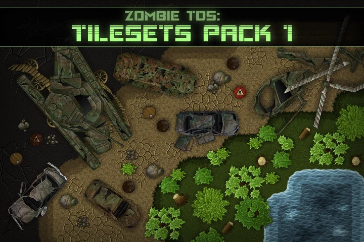 Zombie-TDS-Tilesets-soil-stones-plants-water-destroyed-cars