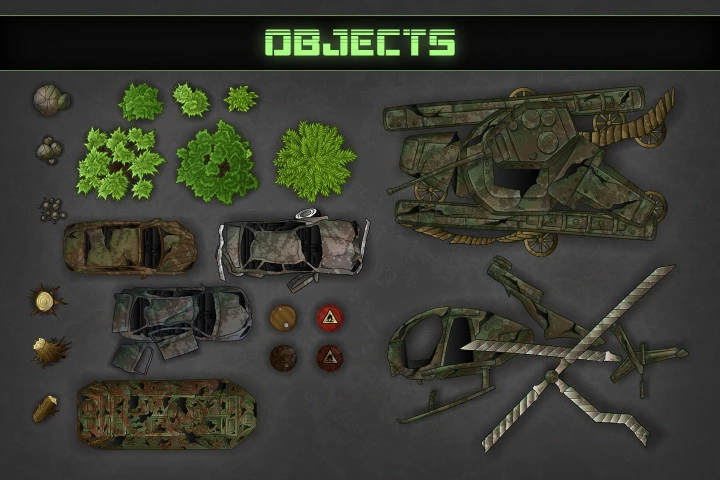 Zombie TDS Tilesets: soil, stones, plants, water, destroyed cars