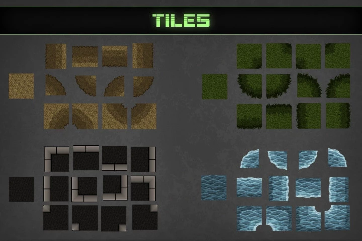 Zombie TDS Tilesets: soil, stones, plants, water, destroyed cars