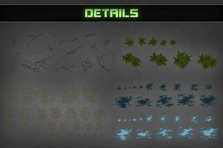 Zombie TDS Tilesets: soil, stones, plants, water, destroyed cars