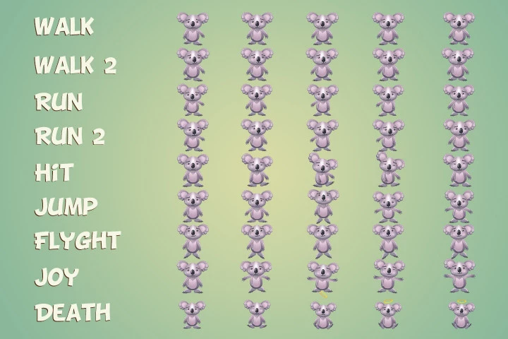 Dog, Koala and Bunny 2D Game Sprites