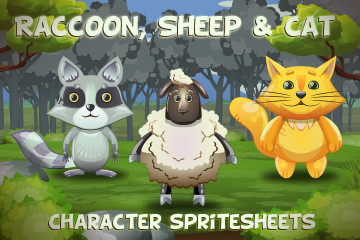 Raccoon, Sheep and Cat 2D Game Sprites
