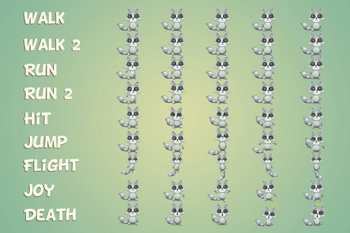 Raccoon, Sheep and Cat 2D Game Sprites