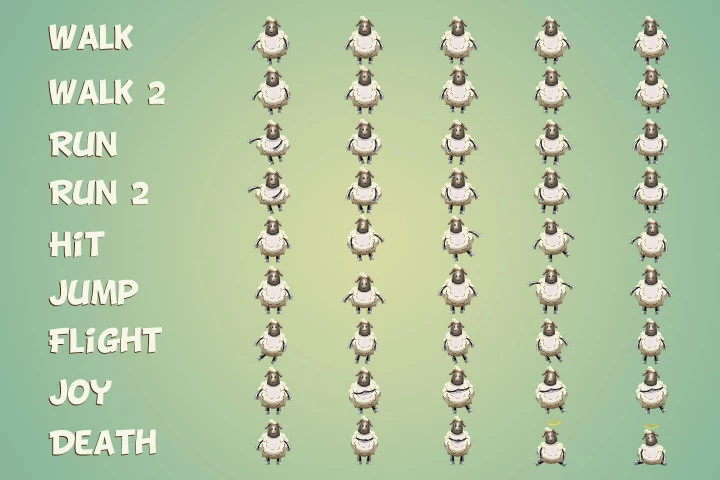 Raccoon, Sheep and Cat 2D Game Sprites