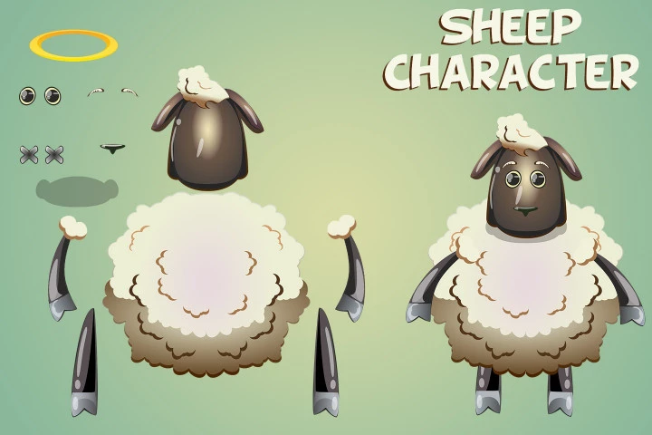 Raccoon, Sheep and Cat 2D Game Sprites