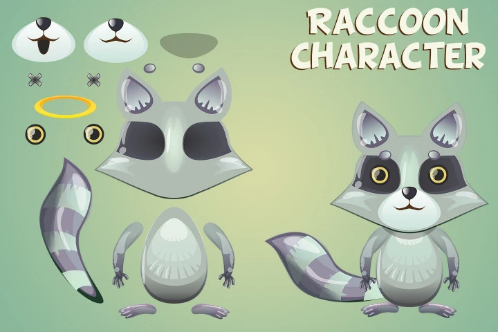 Raccoon, Sheep and Cat 2D Game Sprites