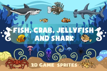 Fish, Crab, Jellyfish and Shark 2D Game Sprites