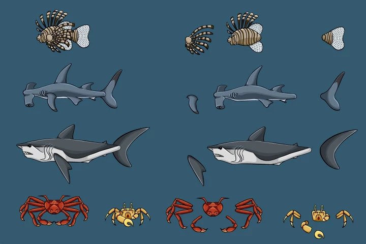 Fish, Crab, Jellyfish and Shark 2D Game Sprites