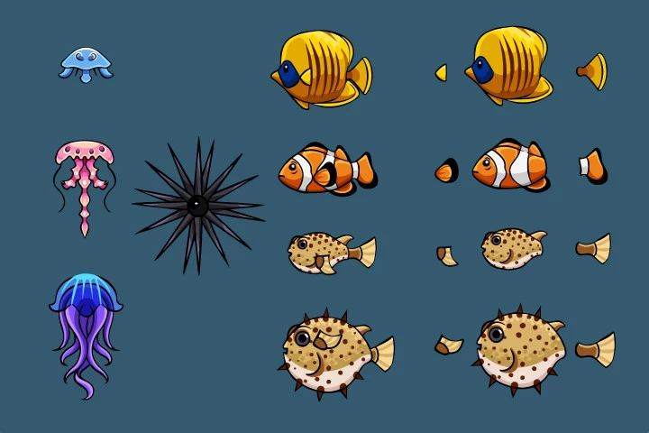 Fish, Crab, Jellyfish and Shark 2D Game Sprites