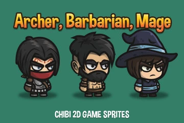 Archer, Barbarian, Mage Chibi 2D Game Sprites