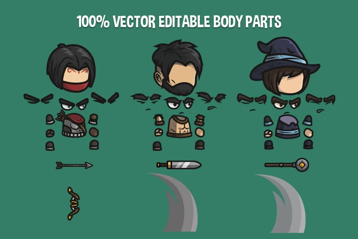 Archer, Barbarian, Mage Chibi 2D Game Sprites