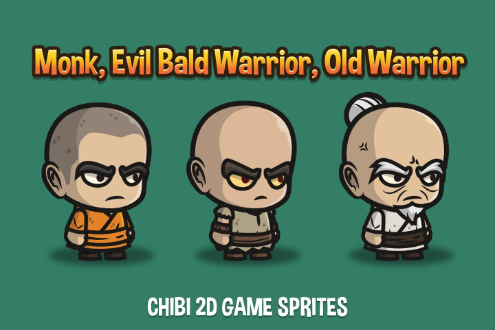 Monk, Evil Bald Warrior and Old Warrior Chibi 2D Sprites - CraftPix.net