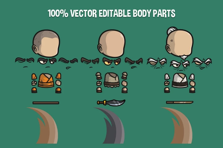 Monk, Evil Bald Warrior and Old Warrior Chibi 2D Sprites