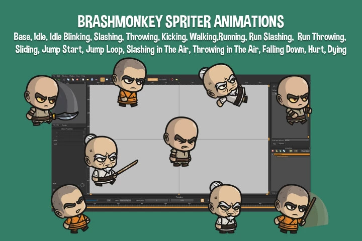 Monk, Evil Bald Warrior and Old Warrior Chibi 2D Sprites