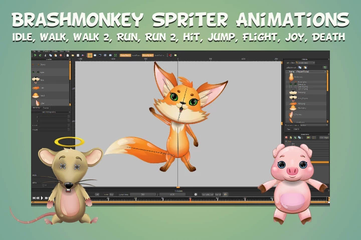 Fox, Pig and Mouse 2D Game Sprites