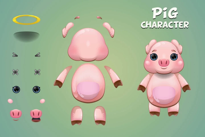 Fox, Pig and Mouse 2D Game Sprites