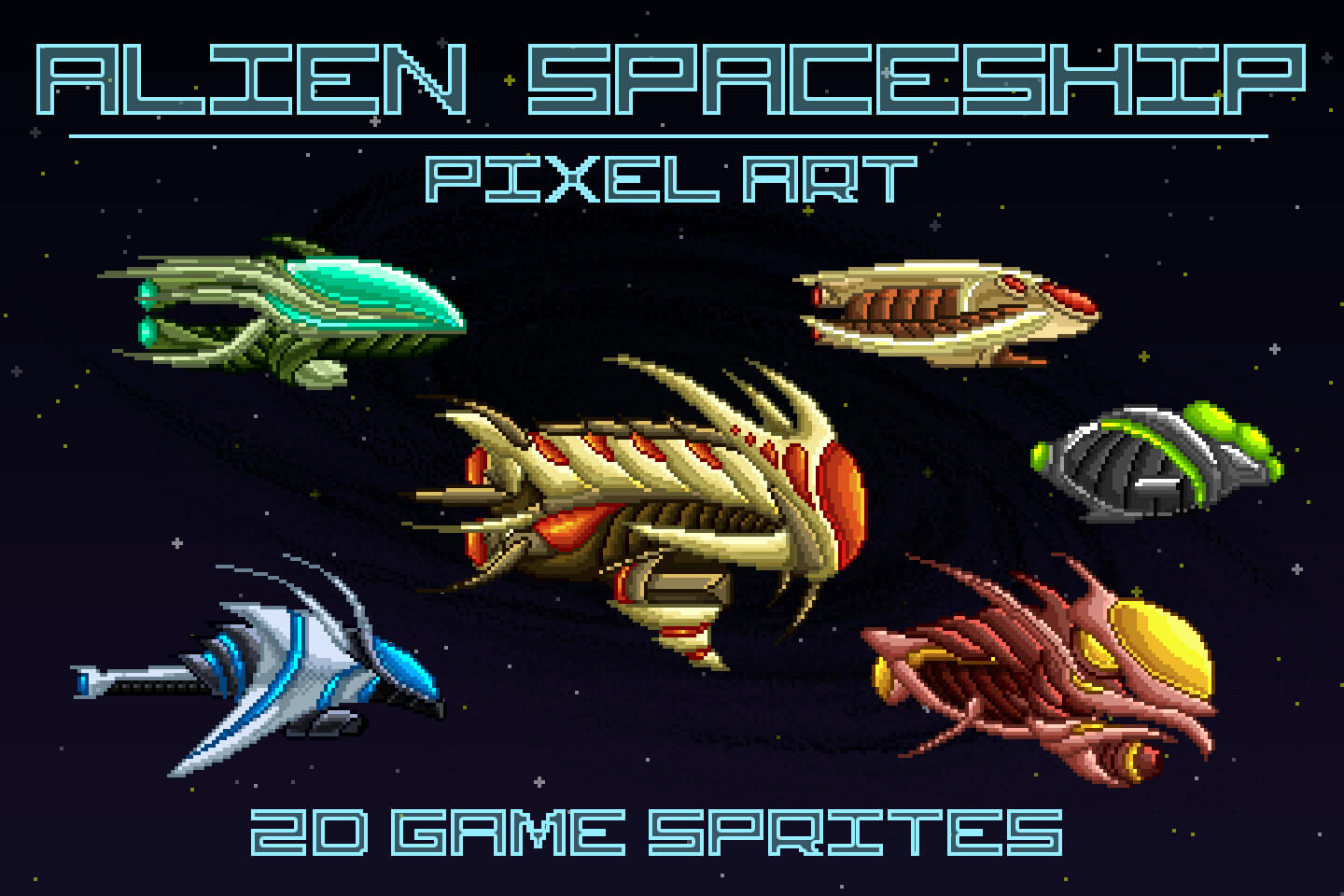 Pixel Art Alien Spaceship 2D Game Sprites 