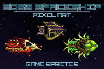 Pixel Art Boss Spaceship 2D Game Sprites