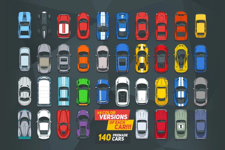 35 Top Down Cars for 2D Racing Game