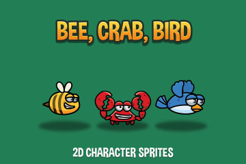 Bee, Crab, Bird 2D Character Sprites