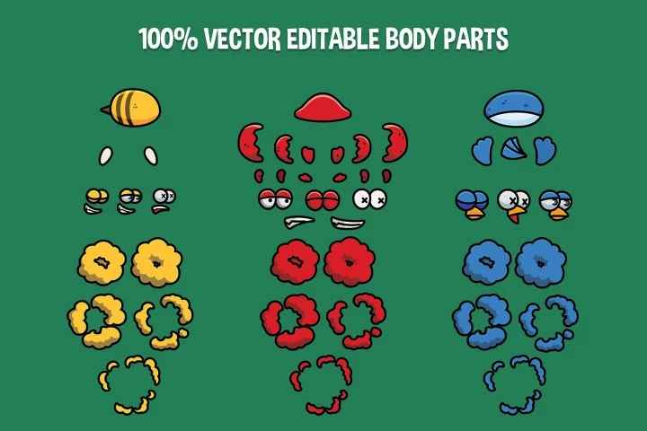 Bee, Crab, Bird 2D Character Sprites