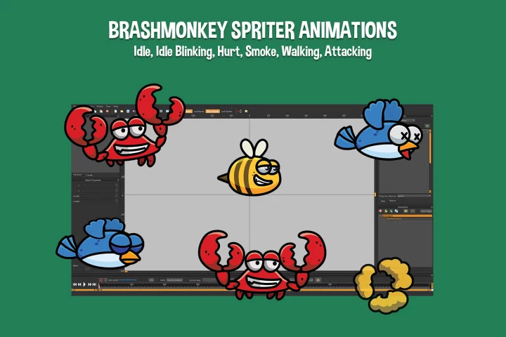 Bee, Crab, Bird 2D Character Sprites