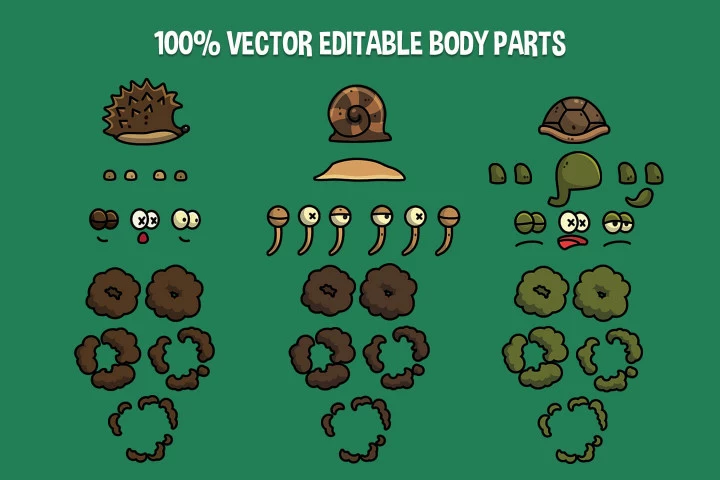 Hedgehog, Snail, Turtle 2D Character Sprites