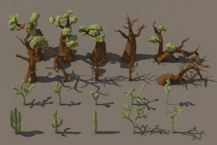 Desert: Cactus and Tree 3D Low Poly Models