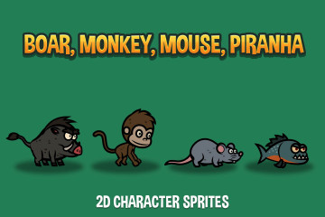 Boar, Monkey, Mouse, Piranha 2D Game Sprites
