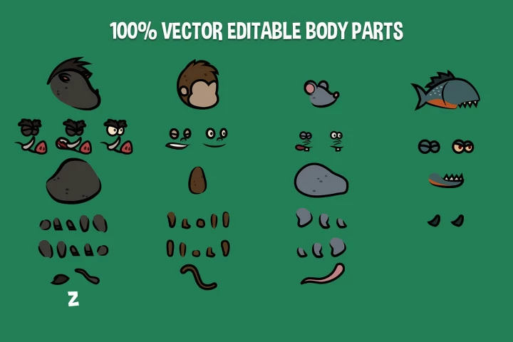 Boar, Monkey, Mouse, Piranha 2D Game Sprites