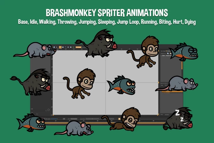 Boar, Monkey, Mouse, Piranha 2D Game Sprites