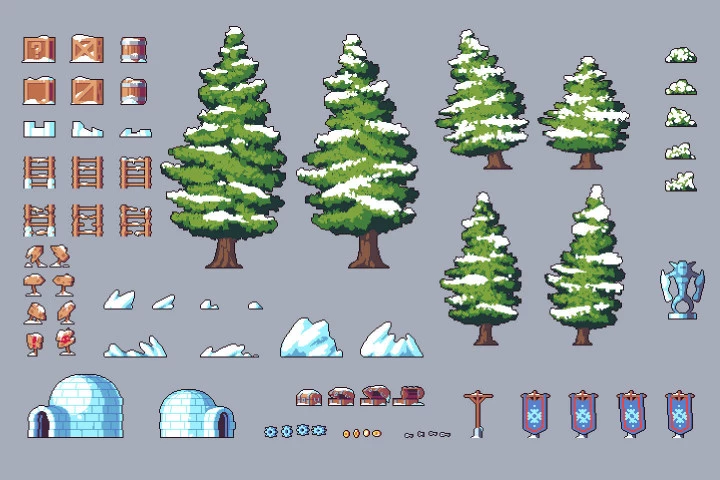 Snow 2D Game Tileset Pixel Art