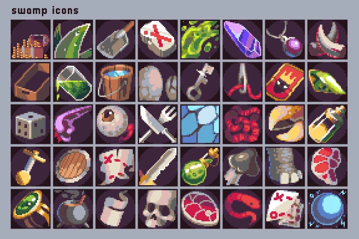 40 Pixel Art Icons for Swamp Location