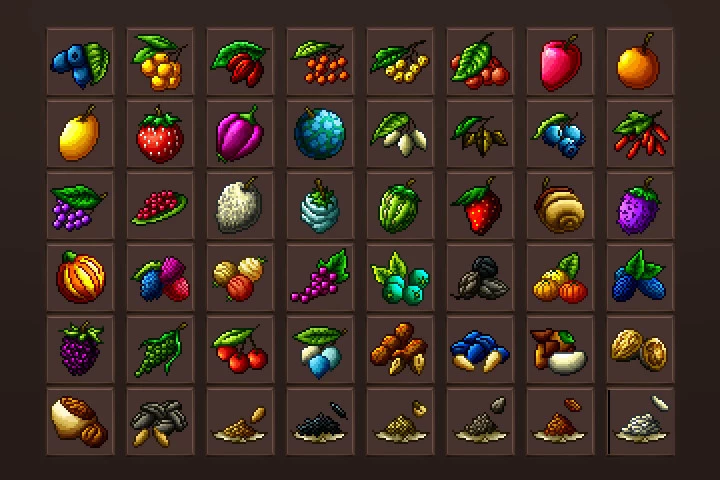 Berries and Nuts Pixel Art Icons