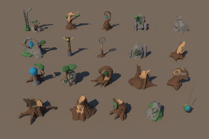 Elven Runes, Stones and Wooden Sculptures 3D Low Poly Models