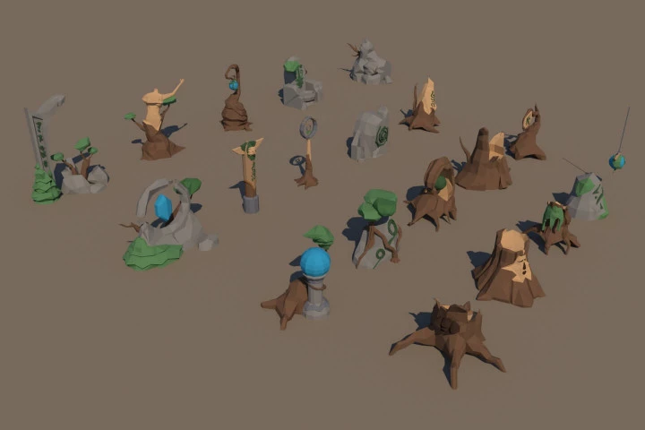 Elven Runes, Stones and Wooden Sculptures 3D Low Poly Models