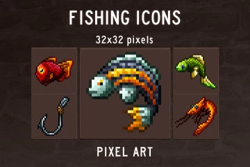 Fishing Game Icons Pixel Art
