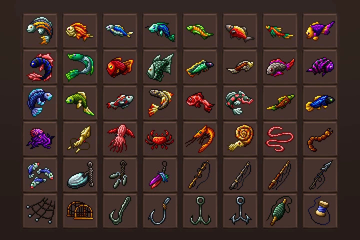 Fishing Game Icons Pixel Art