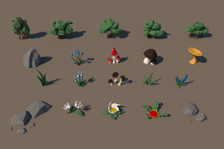 Free Shrubs, Flowers and Mushrooms 3D Low Poly Models