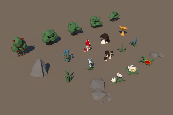 Free Shrubs, Flowers and Mushrooms 3D Low Poly Models