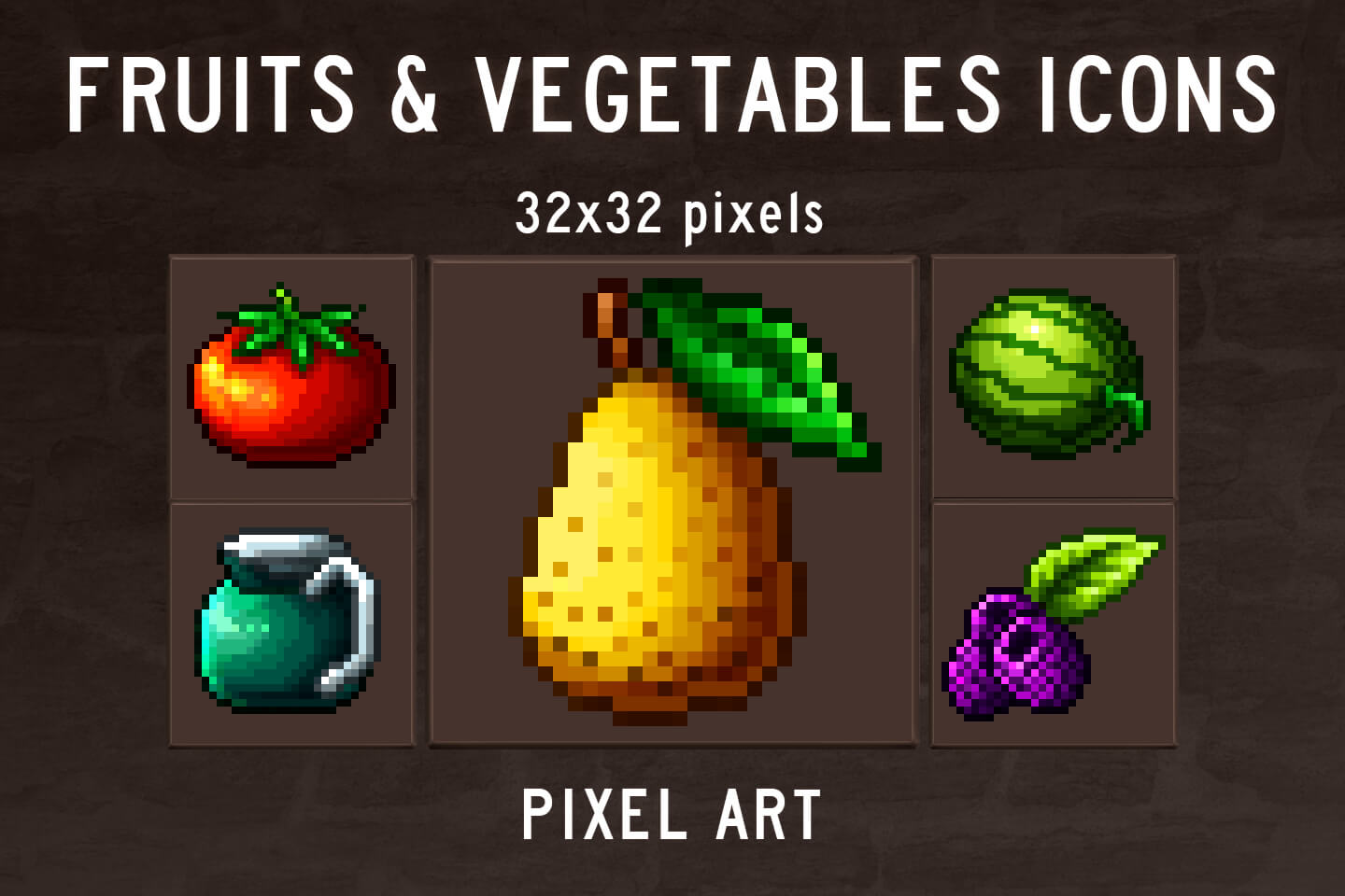 Set pixel art fruits icon 32x32 pixels Royalty Free Vector