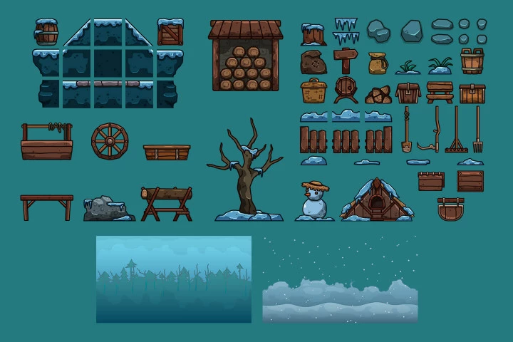Winter Settlement Cartoon 2D Tileset