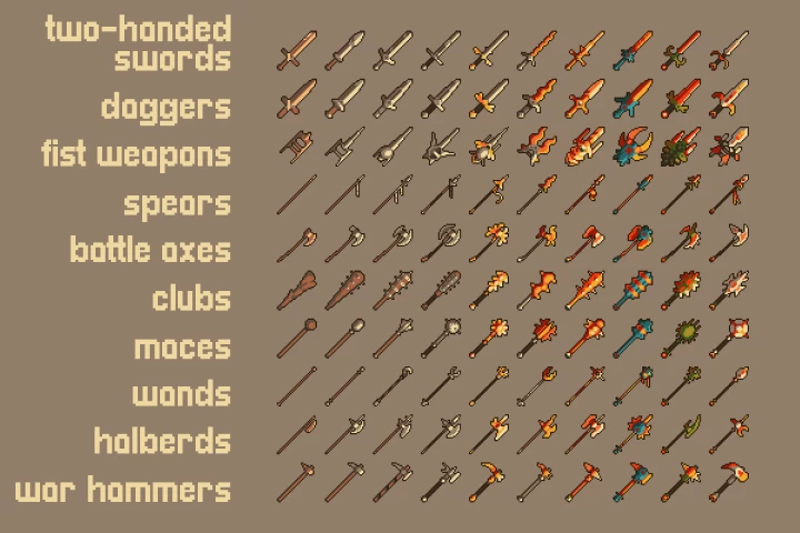 100 Pixel Art Weapon Icons Pack 2