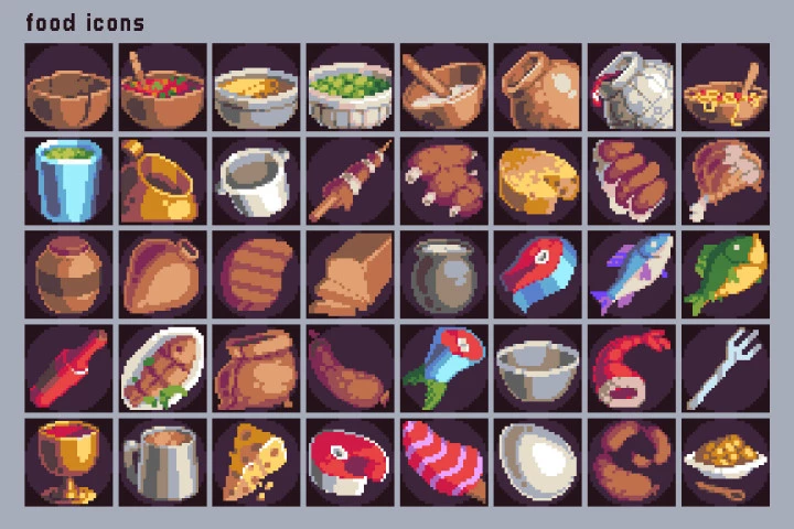 40 Food Icons Pixel Art