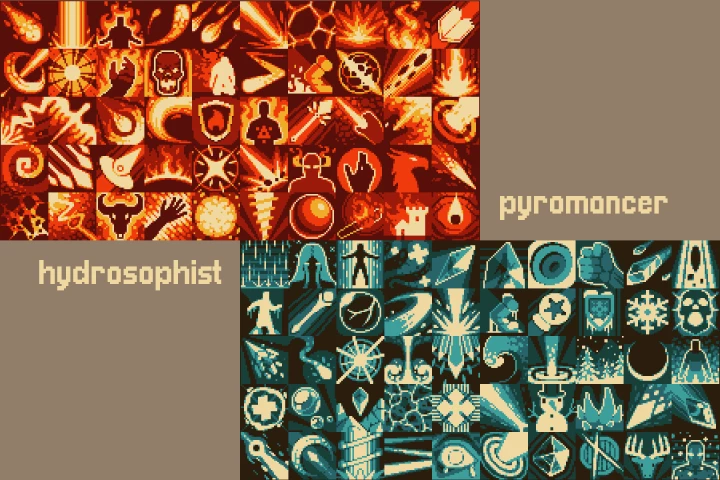 Pyromancer and Hydrosophist Ability Icons Pixel Art