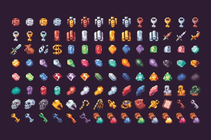 Treasure, Currency, Gems and Loot Pixel Art Icon Pack